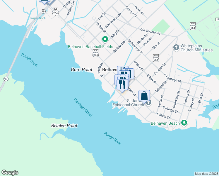 map of restaurants, bars, coffee shops, grocery stores, and more near 202 East Water Street in Belhaven