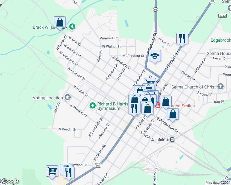 map of restaurants, bars, coffee shops, grocery stores, and more near 505 West Anderson Street in Selma
