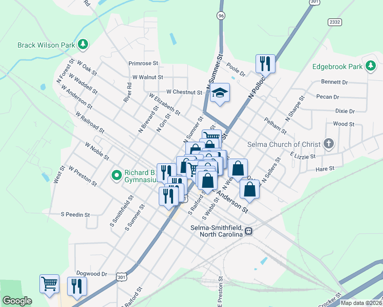 map of restaurants, bars, coffee shops, grocery stores, and more near 304 West Waddell Street in Selma