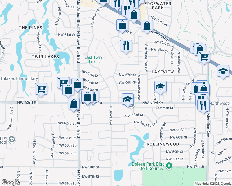 map of restaurants, bars, coffee shops, grocery stores, and more near 6421 Cherokee Drive in Warr Acres