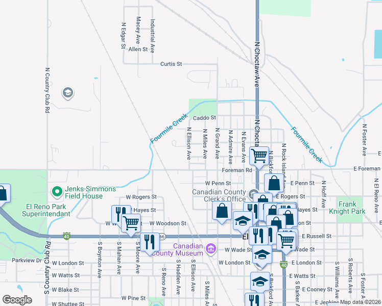 map of restaurants, bars, coffee shops, grocery stores, and more near 620 West Clarke Street in El Reno