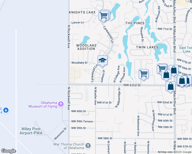 map of restaurants, bars, coffee shops, grocery stores, and more near 6408 Lyrewood Terrace in Oklahoma City