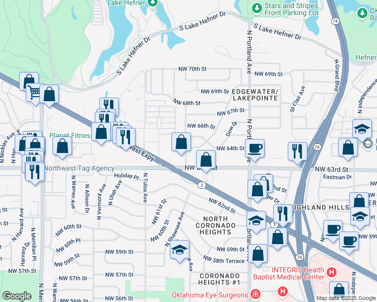 map of restaurants, bars, coffee shops, grocery stores, and more near 3844 Northwest 64th Street in Oklahoma City