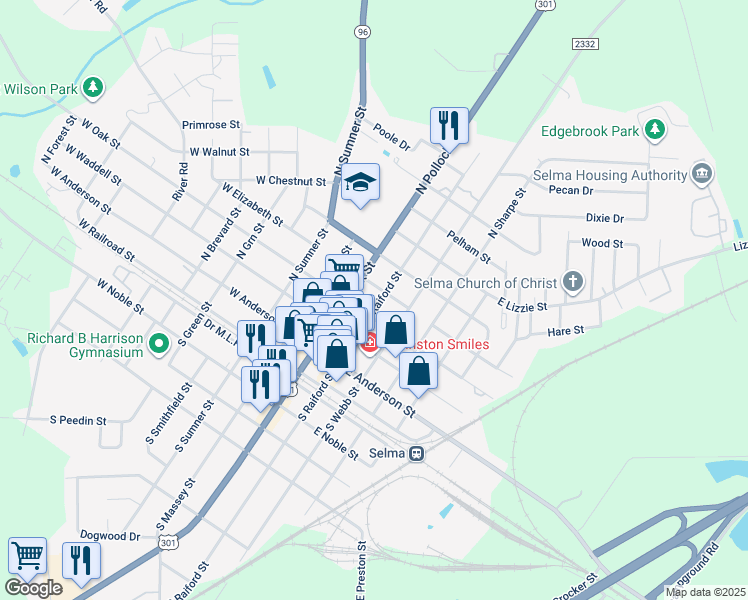 map of restaurants, bars, coffee shops, grocery stores, and more near 307 North Raiford Street in Selma