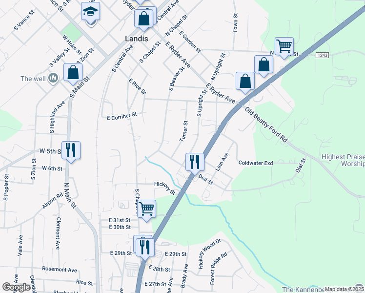 map of restaurants, bars, coffee shops, grocery stores, and more near 419 Turner Street in Landis