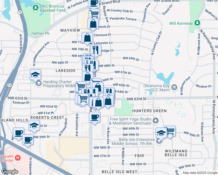 map of restaurants, bars, coffee shops, grocery stores, and more near 2804 Northwest 65th Street in Oklahoma City