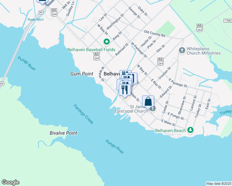 map of restaurants, bars, coffee shops, grocery stores, and more near 202 East Water Street in Belhaven