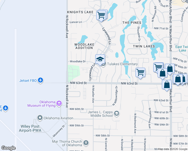 map of restaurants, bars, coffee shops, grocery stores, and more near 6408 Lyrewood Terrace in Oklahoma City