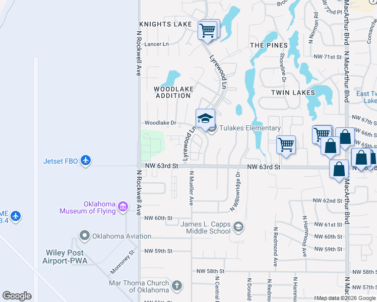 map of restaurants, bars, coffee shops, grocery stores, and more near 6408 Lyrewood Terrace in Oklahoma City