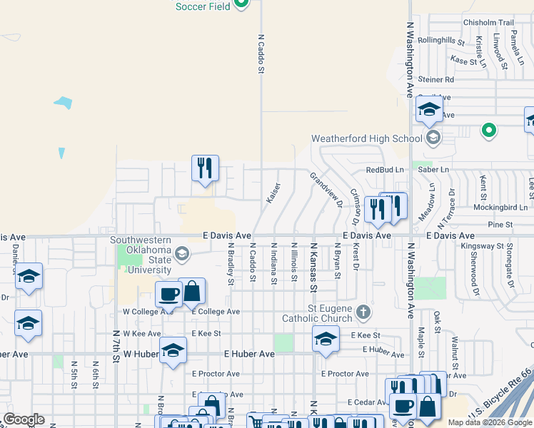 map of restaurants, bars, coffee shops, grocery stores, and more near 1200 Kaiser in Weatherford