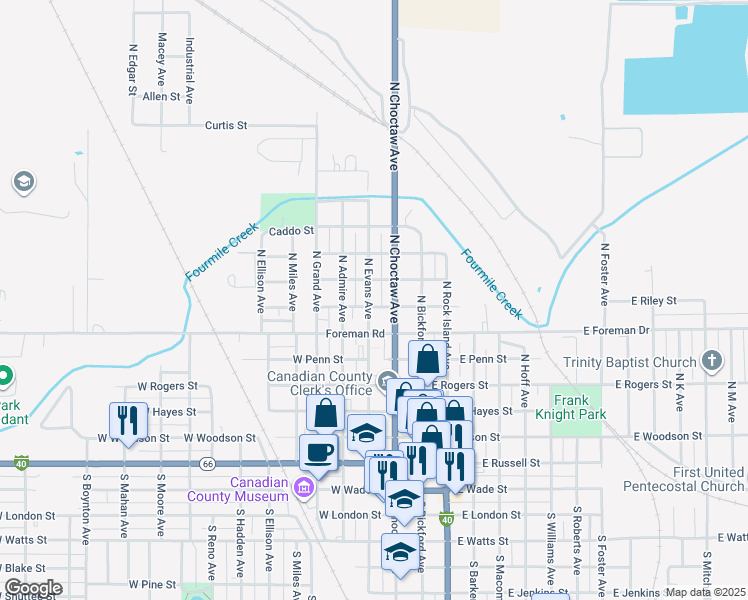 map of restaurants, bars, coffee shops, grocery stores, and more near 604 North Evans Avenue in El Reno