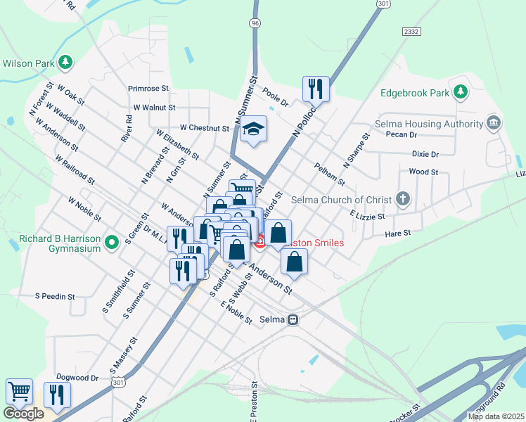 map of restaurants, bars, coffee shops, grocery stores, and more near 307 North Raiford Street in Selma