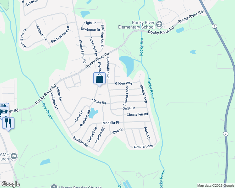 map of restaurants, bars, coffee shops, grocery stores, and more near 117 Saye Place in Mooresville