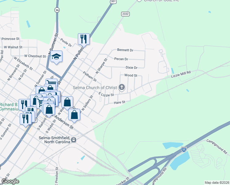 map of restaurants, bars, coffee shops, grocery stores, and more near 701 East Lizzie Street in Selma