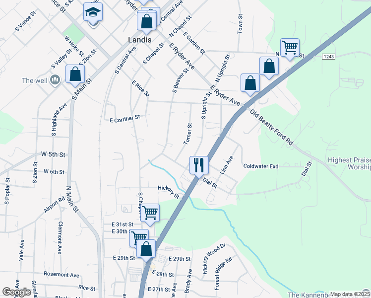 map of restaurants, bars, coffee shops, grocery stores, and more near 419 Turner Street in Landis