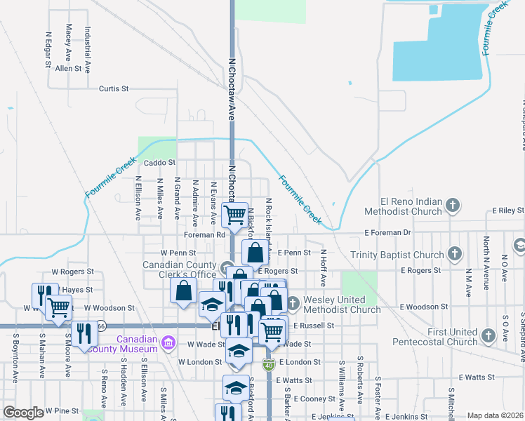 map of restaurants, bars, coffee shops, grocery stores, and more near 115 E Clarke St in El Reno