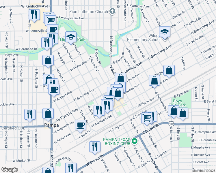 map of restaurants, bars, coffee shops, grocery stores, and more near 301 North Cuyler Street in Pampa