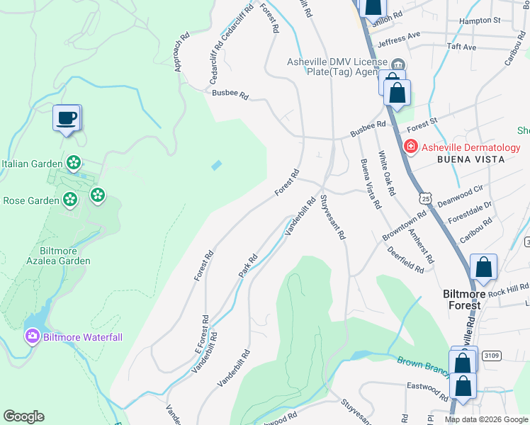 map of restaurants, bars, coffee shops, grocery stores, and more near 48 Forest Road in Biltmore Forest