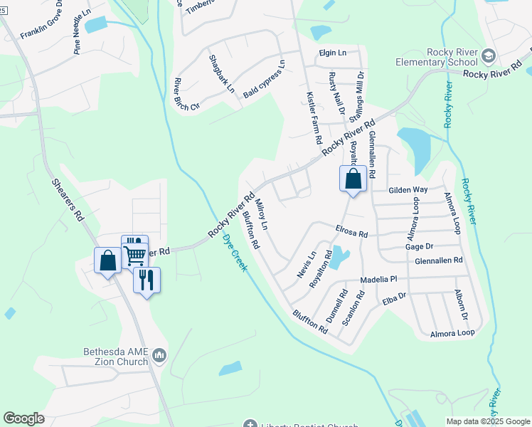 map of restaurants, bars, coffee shops, grocery stores, and more near 115 Milroy Lane in Mooresville