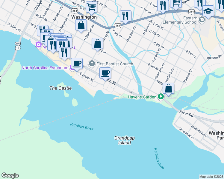 map of restaurants, bars, coffee shops, grocery stores, and more near 613 East Main Street in Washington