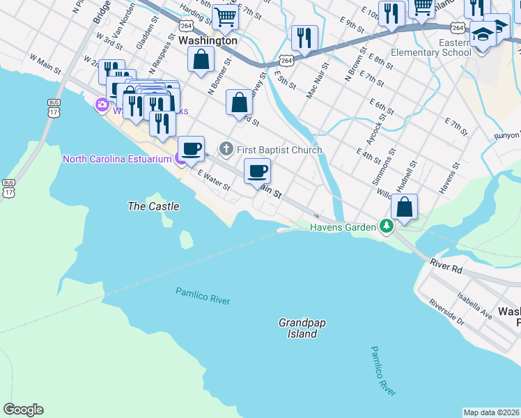 map of restaurants, bars, coffee shops, grocery stores, and more near 516 Front Street in Washington