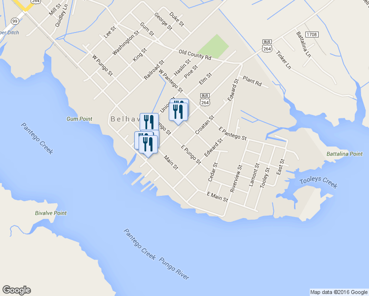 map of restaurants, bars, coffee shops, grocery stores, and more near 408 East Pungo Street in Belhaven