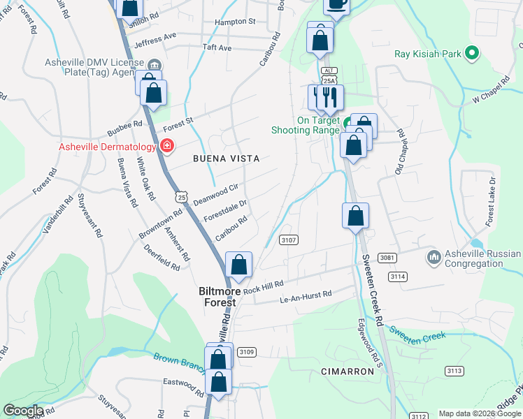 map of restaurants, bars, coffee shops, grocery stores, and more near 6 Barnes Road in Asheville
