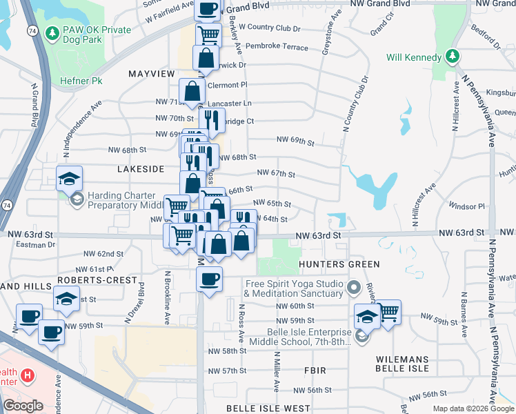 map of restaurants, bars, coffee shops, grocery stores, and more near 2708 Northwest 65th Street in Oklahoma City