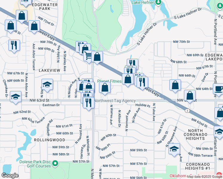 map of restaurants, bars, coffee shops, grocery stores, and more near 6401 North Warren Avenue in Oklahoma City