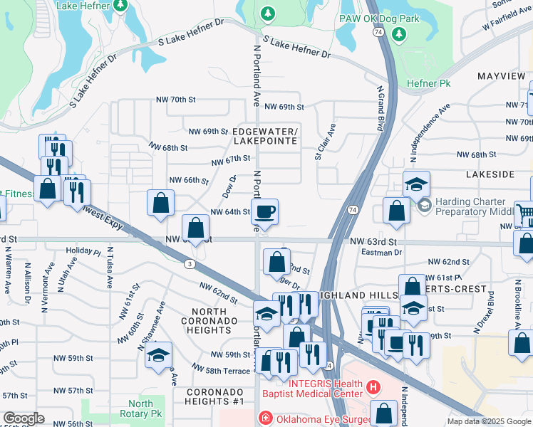 map of restaurants, bars, coffee shops, grocery stores, and more near 6436 North Portland Avenue in Oklahoma City