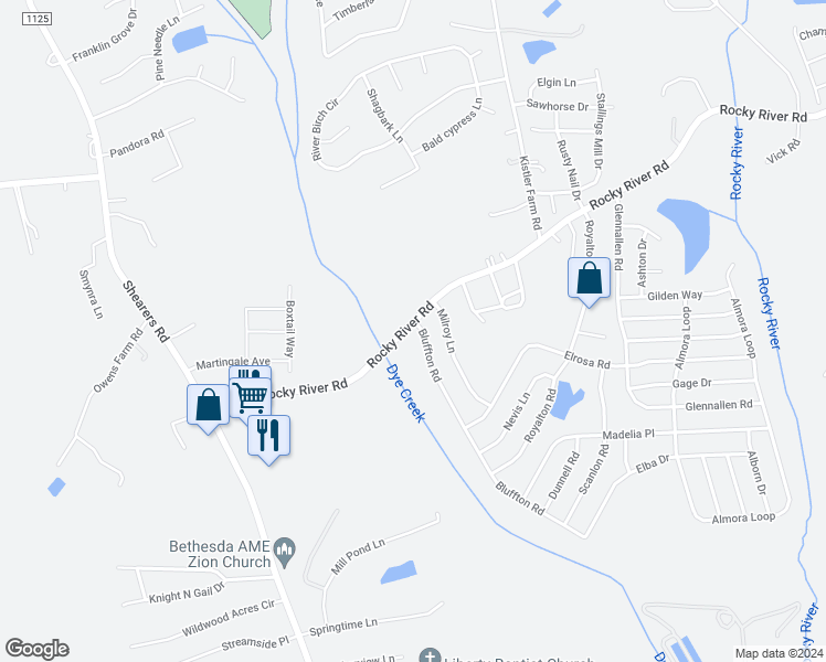 map of restaurants, bars, coffee shops, grocery stores, and more near 104 Bluffton Road in Mooresville