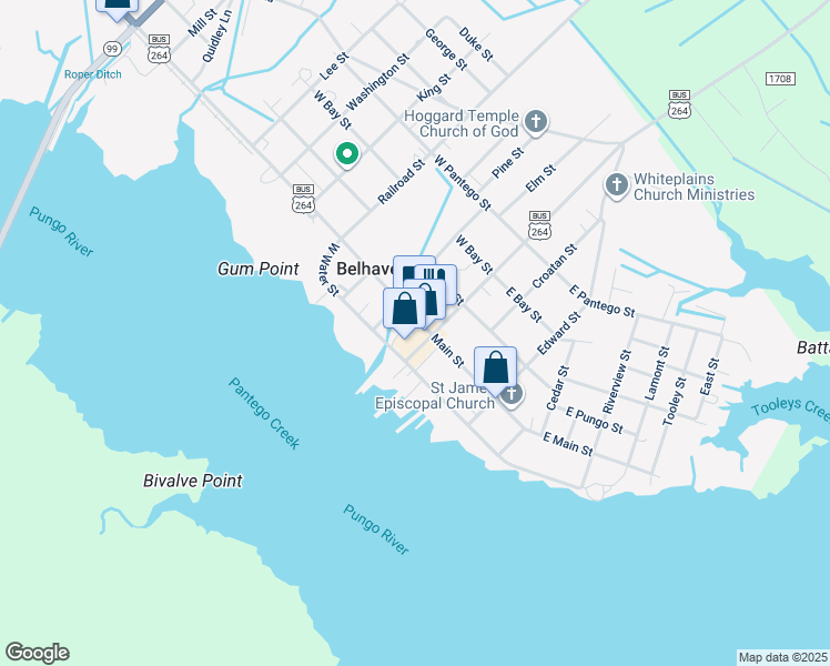 map of restaurants, bars, coffee shops, grocery stores, and more near 274 Main Street in Belhaven