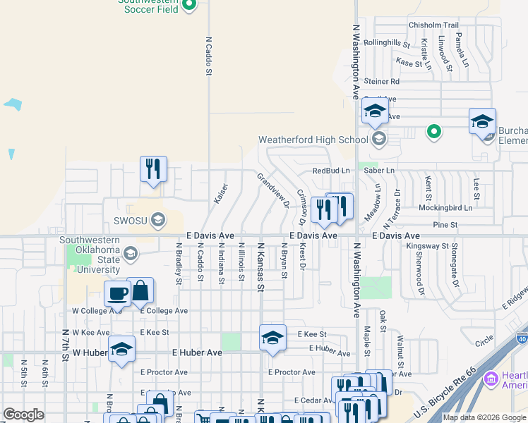 map of restaurants, bars, coffee shops, grocery stores, and more near 1215 North Kansas Street in Weatherford