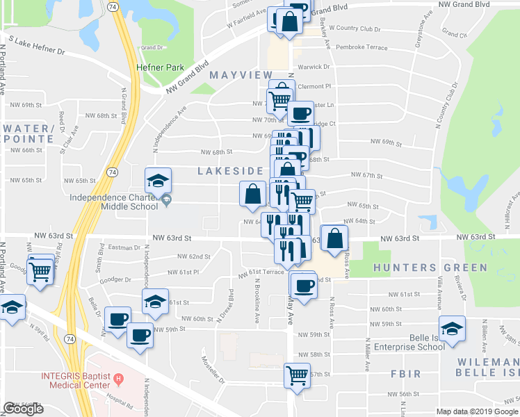 map of restaurants, bars, coffee shops, grocery stores, and more near 2940 Northwest 65th Street in Oklahoma City