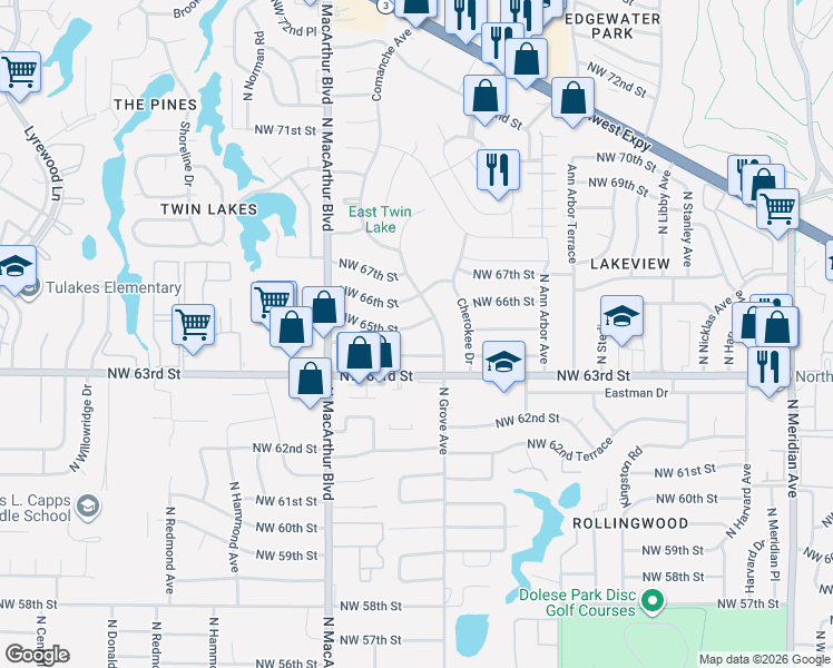 map of restaurants, bars, coffee shops, grocery stores, and more near 5612 Northwest 65th Street in Warr Acres