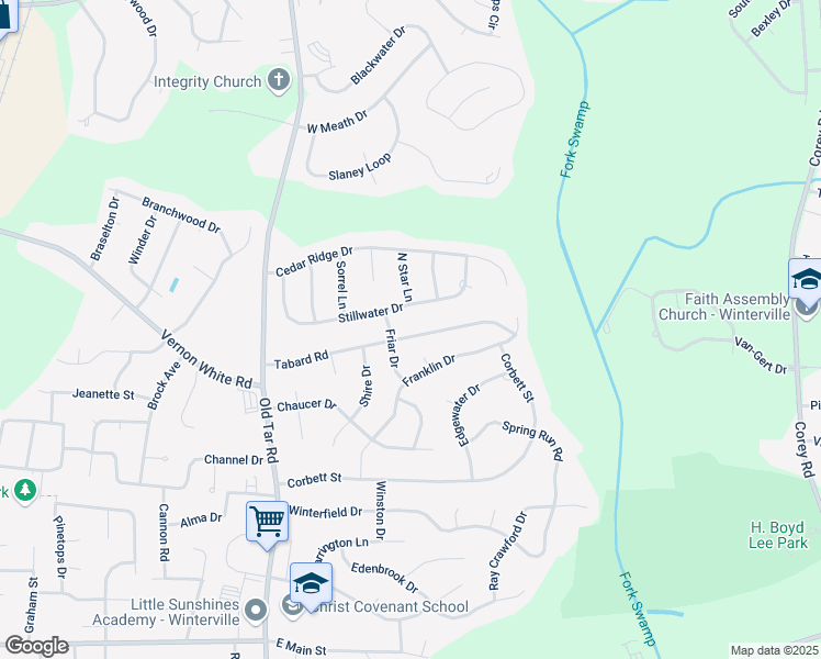 map of restaurants, bars, coffee shops, grocery stores, and more near 647 Tabard Road in Winterville