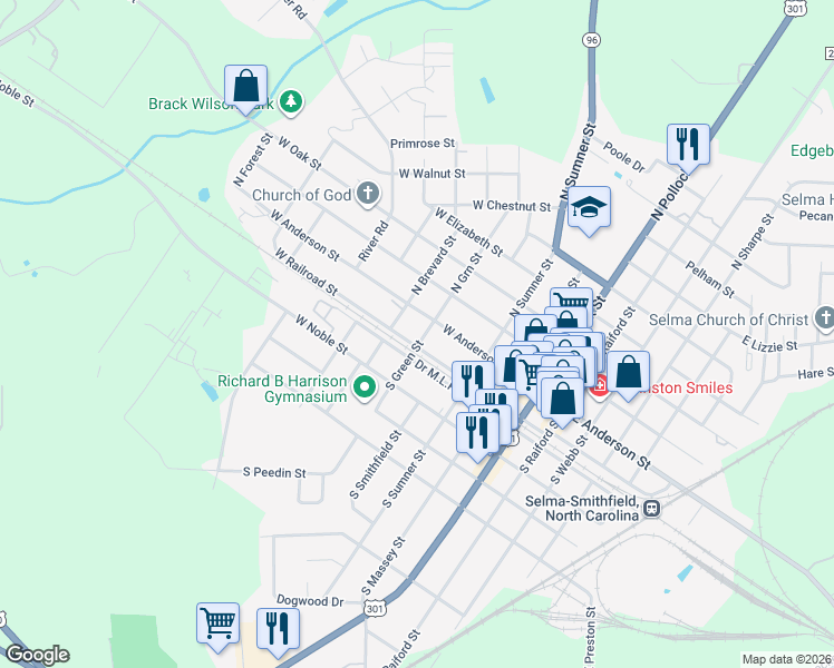 map of restaurants, bars, coffee shops, grocery stores, and more near 110 South Green Street in Selma