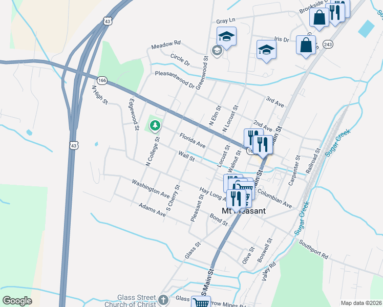 map of restaurants, bars, coffee shops, grocery stores, and more near 410 Wall Street in Mount Pleasant