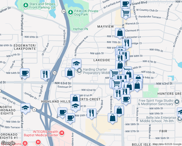 map of restaurants, bars, coffee shops, grocery stores, and more near 3124 NW 65th St in Oklahoma City