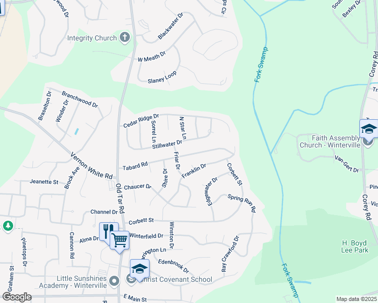 map of restaurants, bars, coffee shops, grocery stores, and more near 647 Tabard Road in Winterville