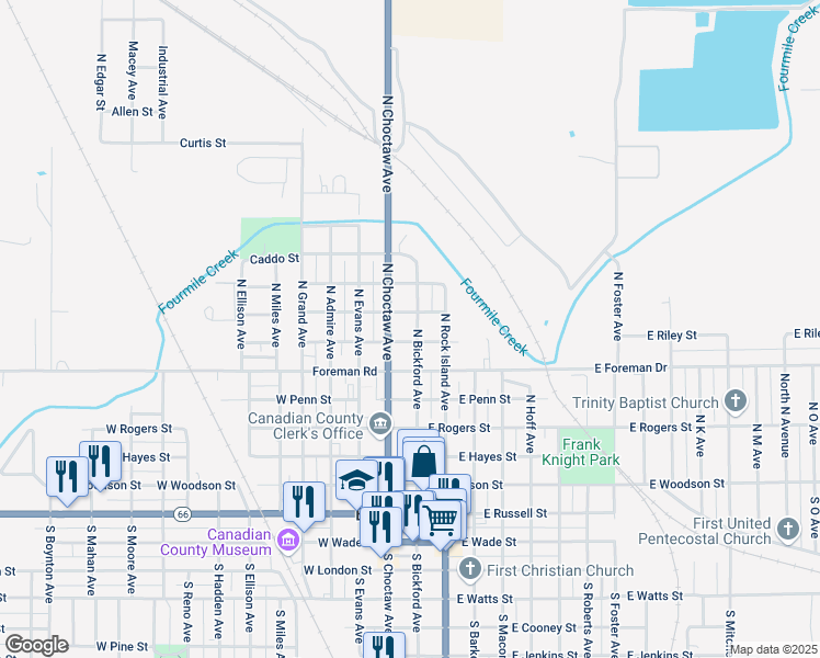 map of restaurants, bars, coffee shops, grocery stores, and more near 600 North Choctaw Avenue in El Reno