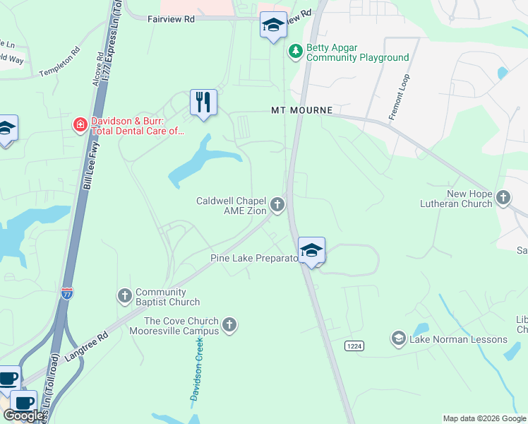 map of restaurants, bars, coffee shops, grocery stores, and more near 134 Langtree Road in Mooresville