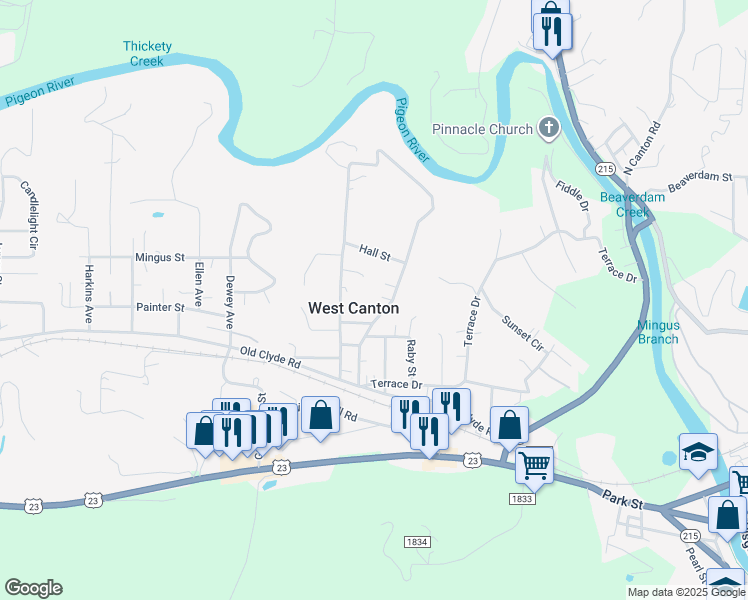 map of restaurants, bars, coffee shops, grocery stores, and more near 235 Phillipsville Loop in Canton