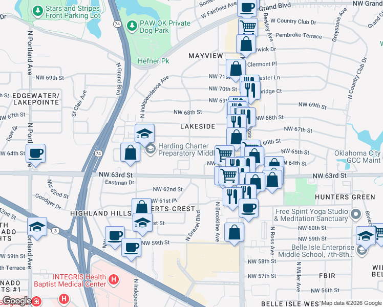map of restaurants, bars, coffee shops, grocery stores, and more near 3111 Hickory Sign Post Road in Oklahoma City