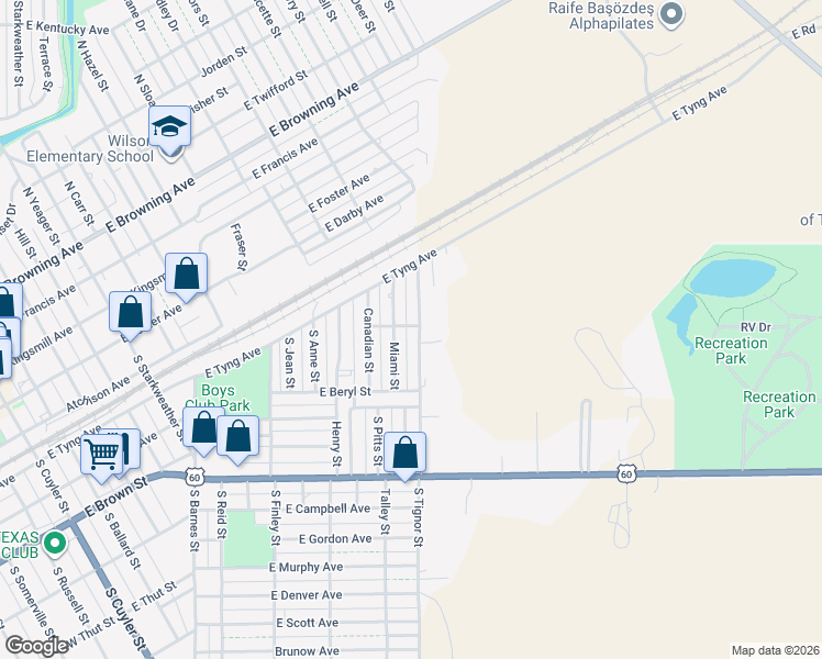 map of restaurants, bars, coffee shops, grocery stores, and more near 300 South Tignor Street in Pampa
