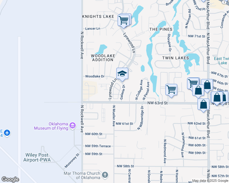 map of restaurants, bars, coffee shops, grocery stores, and more near 6408 Lyrewood Terrace in Oklahoma City