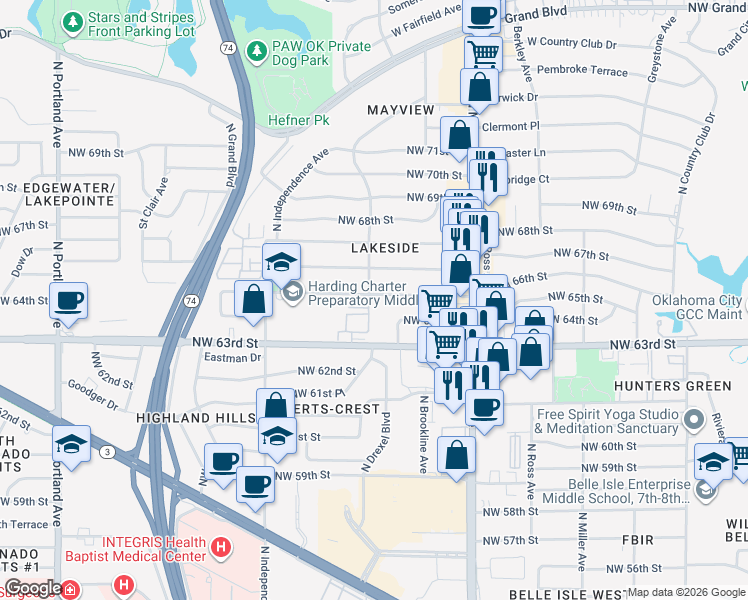 map of restaurants, bars, coffee shops, grocery stores, and more near 3111 Hickory Sign Post Road in Oklahoma City