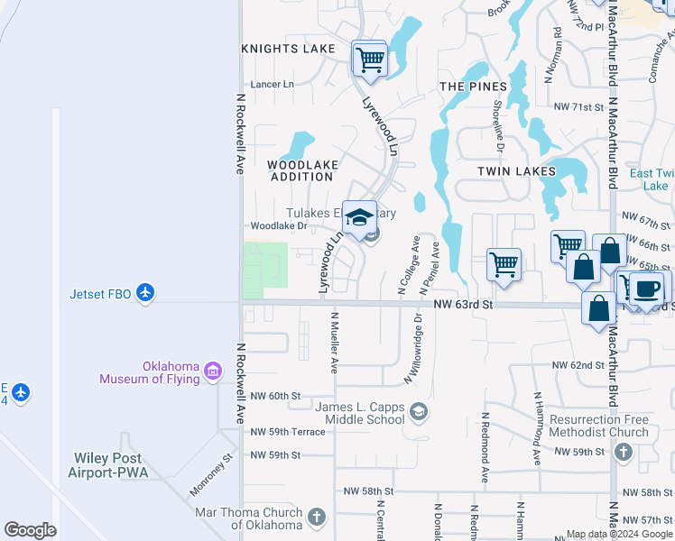 map of restaurants, bars, coffee shops, grocery stores, and more near 6408 Lyrewood Terrace in Oklahoma City