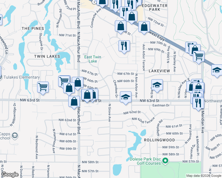 map of restaurants, bars, coffee shops, grocery stores, and more near 6421 Cherokee Drive in Warr Acres