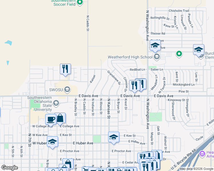 map of restaurants, bars, coffee shops, grocery stores, and more near 1215 North Kansas Street in Weatherford